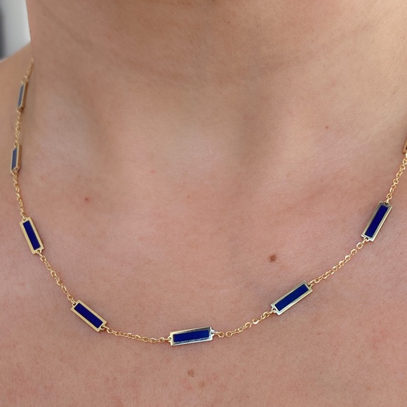 14K Yellow Gold Lapis Lazuli Bar Station Chain Necklace